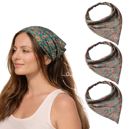 HAIRBERRY Satin Floral Print Bandana Hair Headband (Elastic Bandana, Pack of 3)