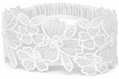 Luxury White Floral Lace Elastic Headband (White, Embroidered)