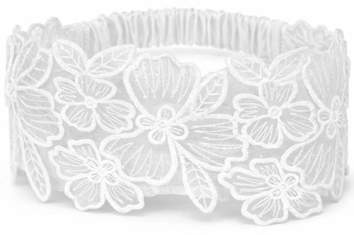 Luxury White Floral Lace Elastic Headband (White, Embroidered)