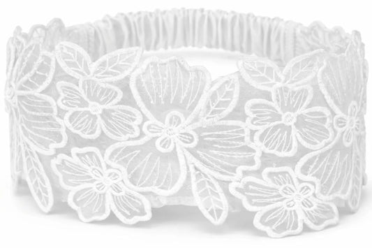 Luxury White Floral Lace Elastic Headband (White, Embroidered)
