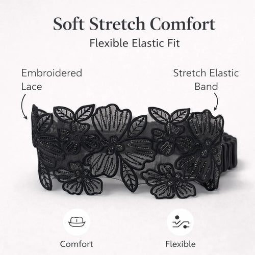 Luxury Black Floral Lace Elastic Headband (Black, Embroidered)