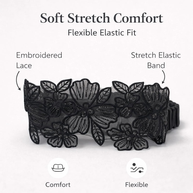Luxury Black Floral Lace Elastic Headband (Black, Embroidered)