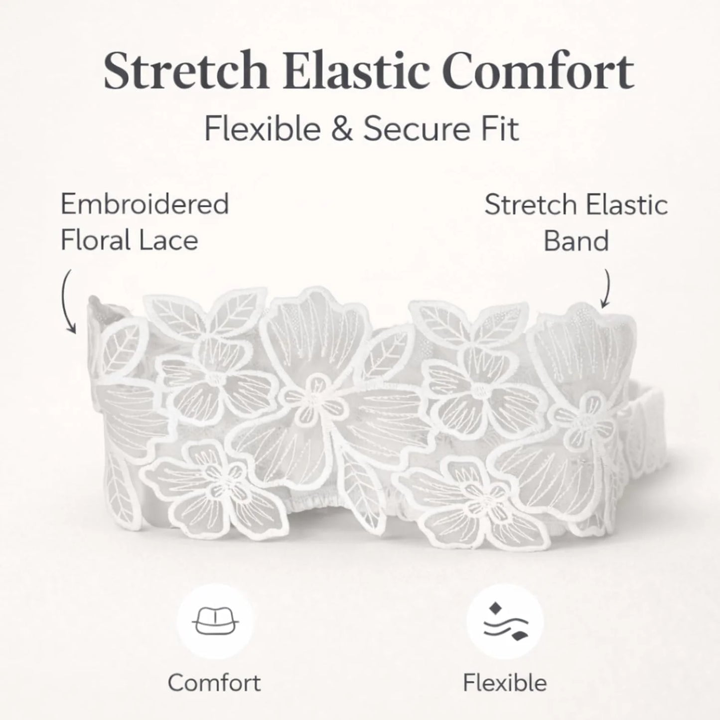 Luxury White Floral Lace Elastic Headband (White, Embroidered)