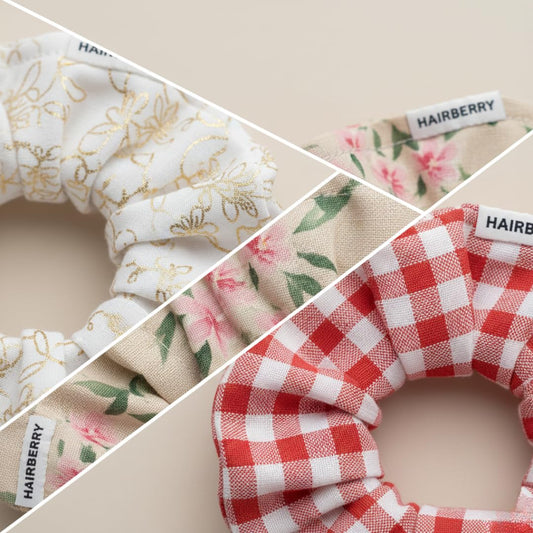 HAIRBERRY Handmade Satin Scrunchies Set Of 3 (White, Cream, Red )