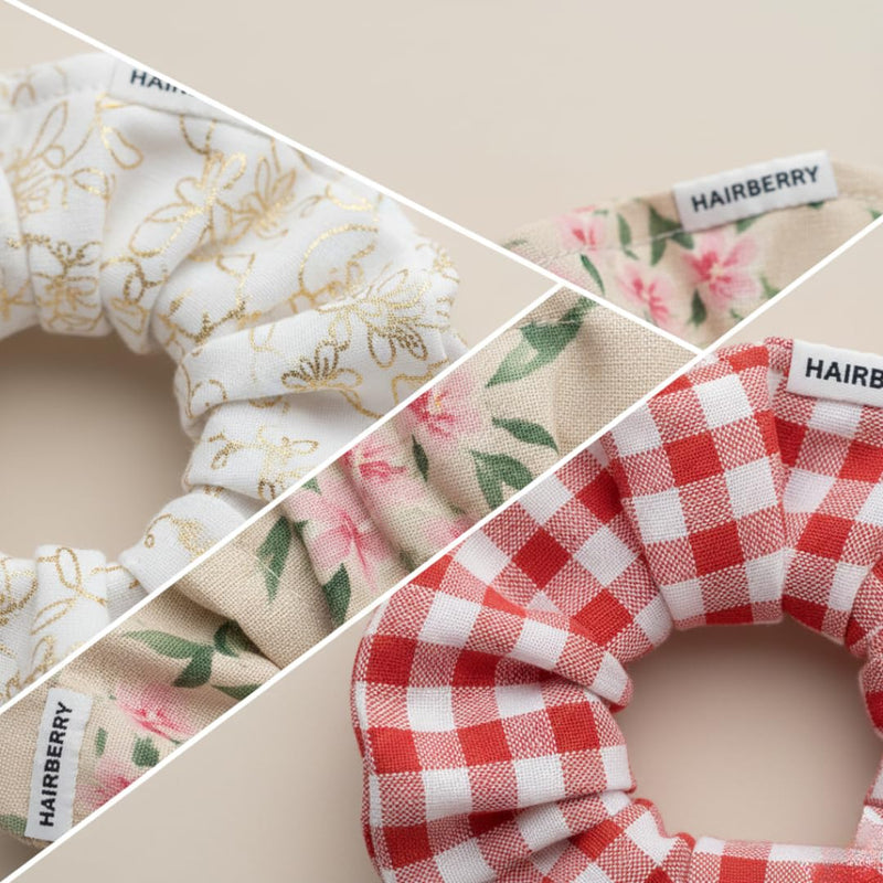 HAIRBERRY Handmade Satin Scrunchies Set Of 3 (White, Cream, Red )