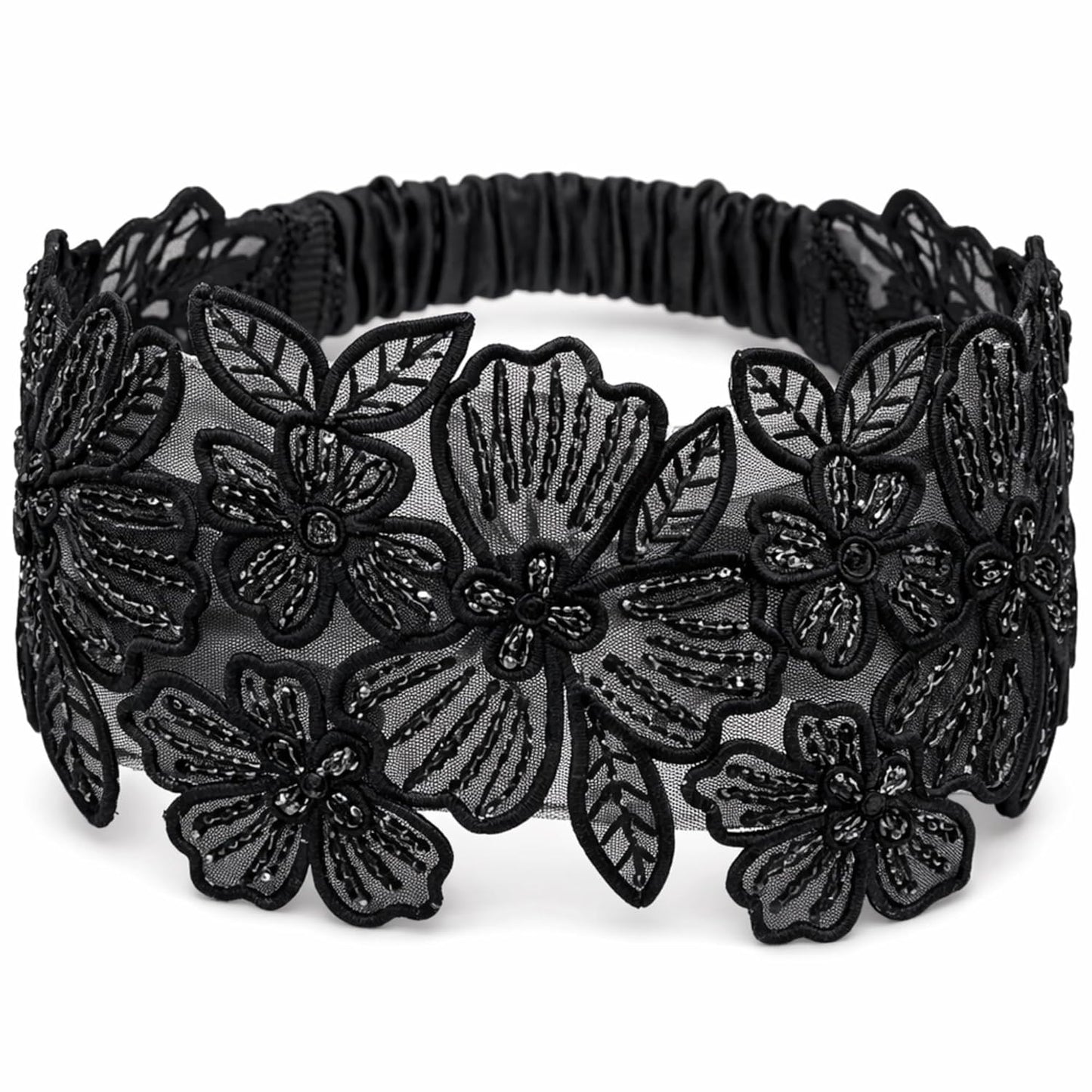 Luxury Black Floral Lace Elastic Headband (Black, Embroidered)