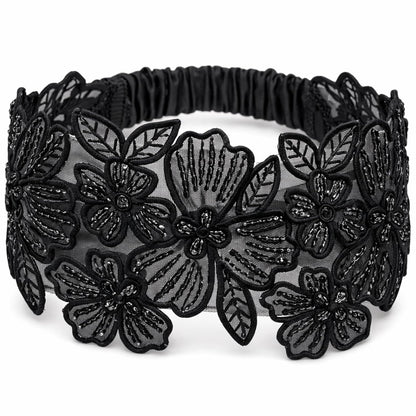 Luxury Black Floral Lace Elastic Headband (Black, Embroidered)