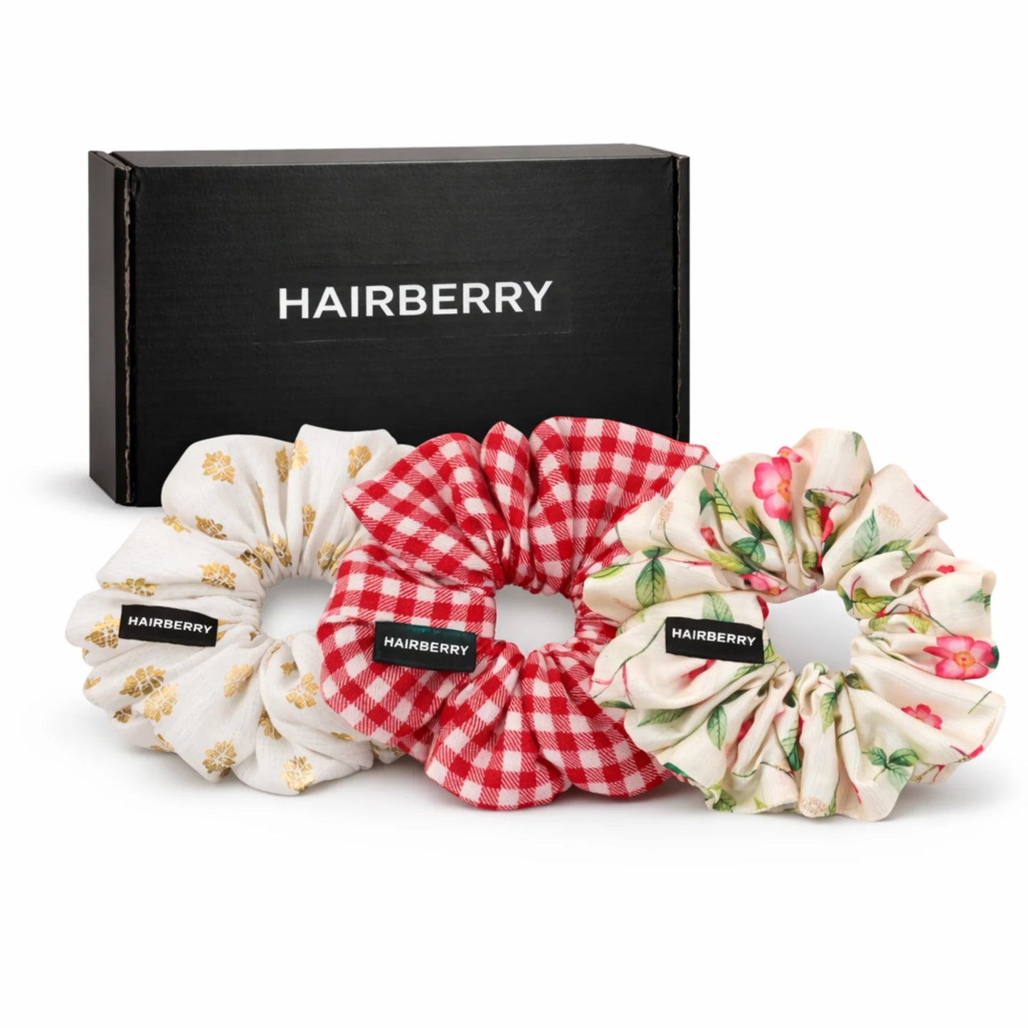 HAIRBERRY Handmade Satin Scrunchies Set Of 3 (White, Cream, Red )